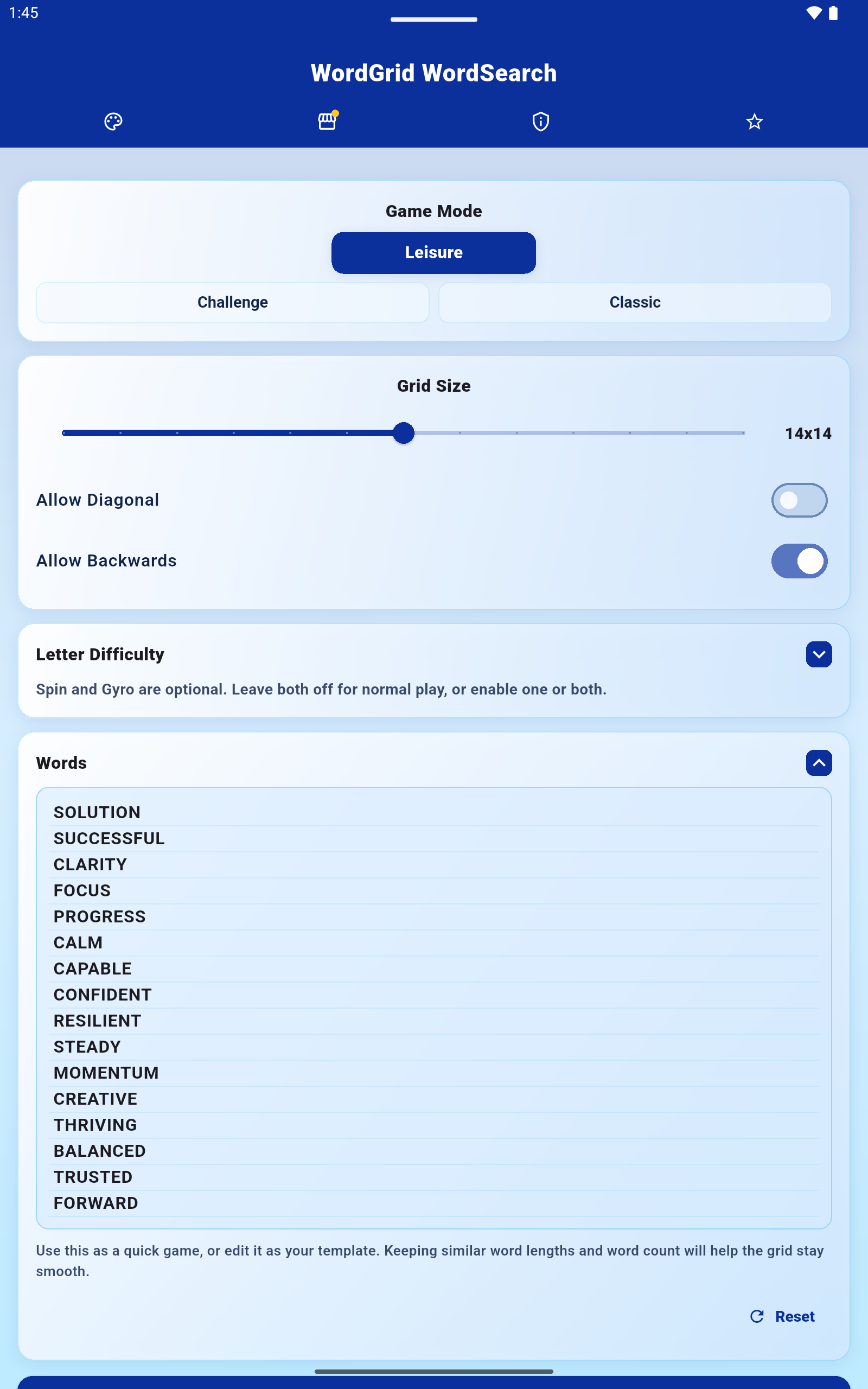 WordGrid setup screen with custom words and puzzle options.