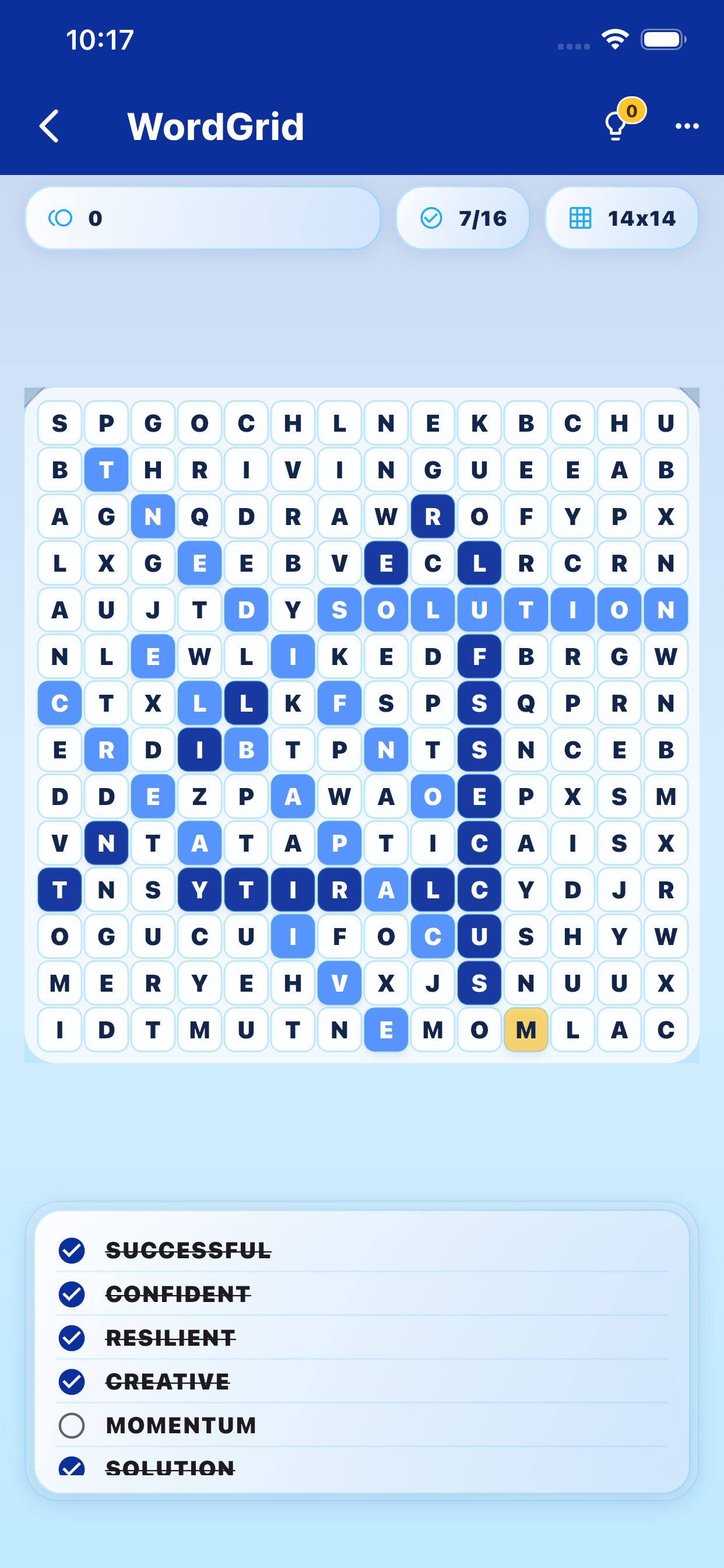 WordGrid word search puzzle gameplay on a 14 by 14 board.