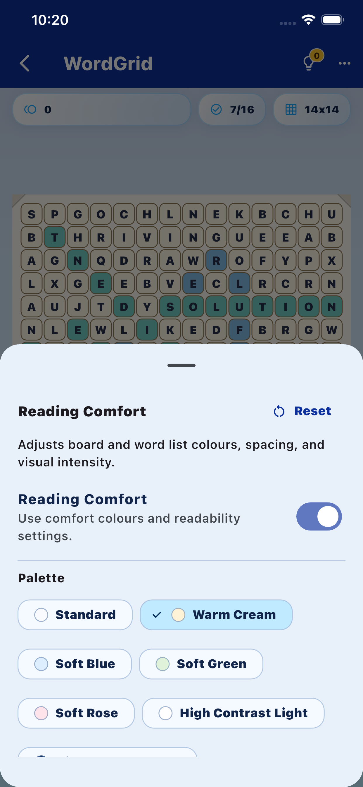 WordGrid Reader Comfort board with readability-focused colours and spacing.
